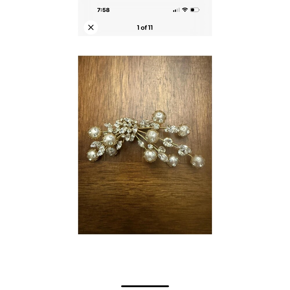 Vintage Schauer Rhodium Faux Pearl Rhinestone Atomic Spray Brooch signed